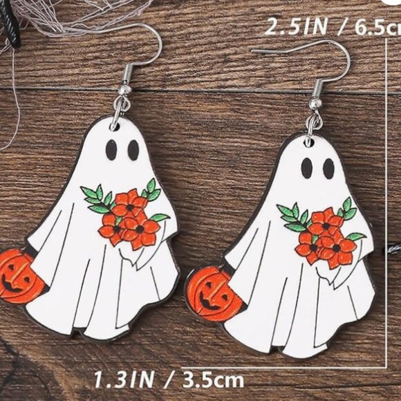 Ghost and Pumpkins Halloween Fall Earrings - Picture 2 of 3